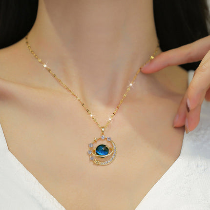 Stainless Steel Starry Sky Planet Astronaut Necklace For Women Light Luxurious Temperament Star Metal Chain Jewelry Gift