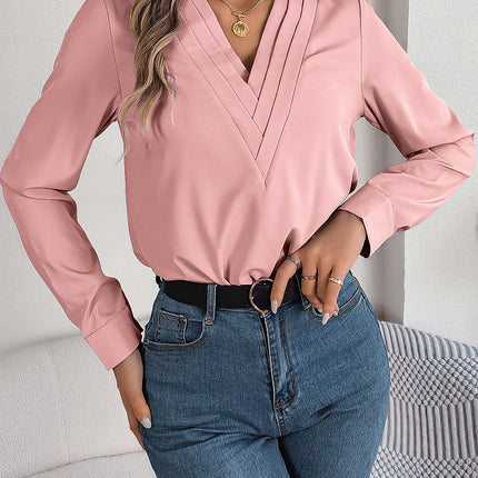 Fashion V-Neck Long Sleeve Shirt Elegant Commuter Solid Blouse Office Women's Clothing