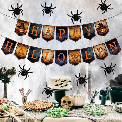 Happy Halloween Banner And Hanging Spider Garland Trick Or Treat Banner Sign Happy Halloween Paper Banner For Halloween Party Decorations