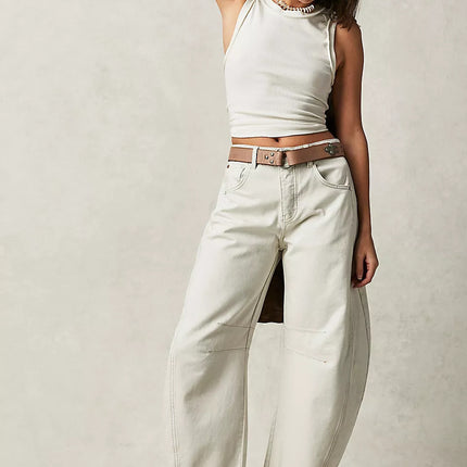 High Stretch Mid-Rise Barrel Jeans Fashion Wide Leg Shape Women Casual Baggy Mid Waist Denim Jeans