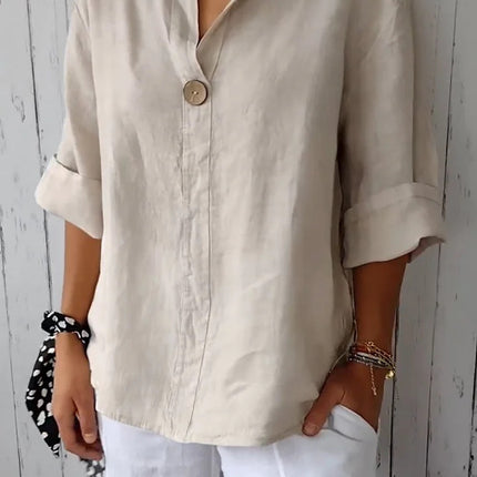 V-neck Long-sleeved T-shirt Fashion Loose Cotton And Linen Button Tops For Women