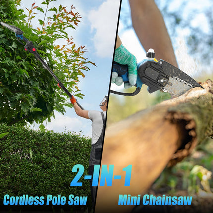 1Pc 2 In 1 8in Cordless Electric Pole Saw And Mini Chainsaw With Extension Poles 2Pcs 21V 3.0Ah Batteries Adjustable Length Chain Saw With Auto Oiler Safety Switch For Wood Cutting