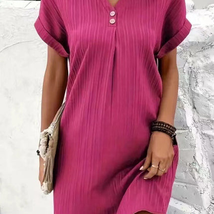 Fashion V-neck Short-sleeved Dress Casual Solid Strip Button Dresses Womens Clothing