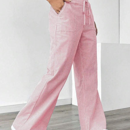 New Striped Trousers With Pockets Casual Versatile Loose Wide Leg Pants Women's Clothing