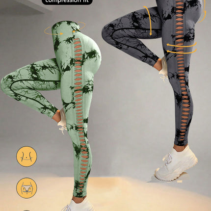2 Pack Tie-dye Hollow High-waist Butt-lifting Women's Fitness Pants, Women's Tie Dye Cutout Tights Workout Yoga Leggings