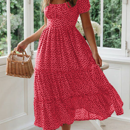 Square Collar Short Sleeve Dress Summer Puff Floral Printed Dress Long Dresses