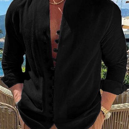 Retro Button Design Long-sleeved Shirt Men's Casual Loose Top Mens Clothing