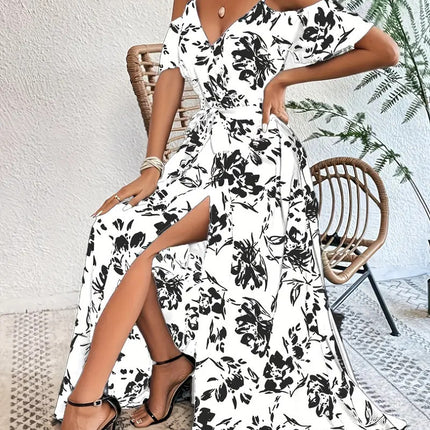 Ins Off-Shoulder Split Dress Summer Floral Print Suspender Long Dresses With Belt Design Women's Beach Clothing
