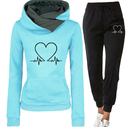 Love Heart Printed Sports Suit Hooded Sweatshirt Top And Drawstring Pants Fashion Casual Clothing For Women