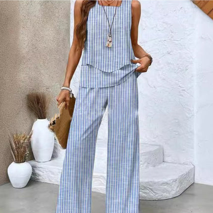 Print Suits Sleeveless Double-layer Vest And Loose Straight Pants Womens Clothing