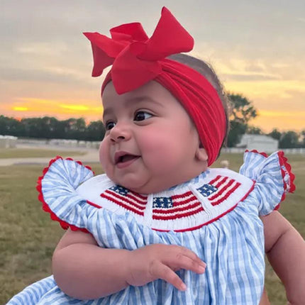 Baby Girls Independence Day Outfit 4th Of July American Flag Embroidery Smocked Bubble Romper With Headband