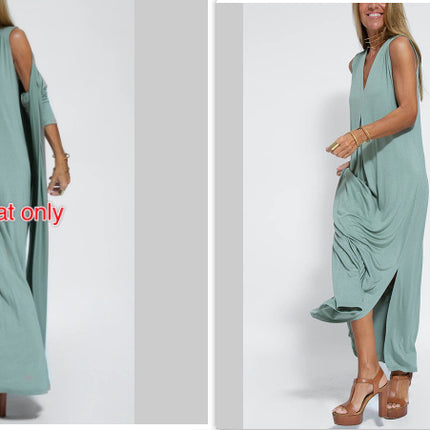 New Solid Color V-neck Sleeveless Dress Long Cardigan Jacket Suit For Women