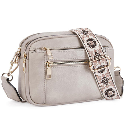 Triple-zipper Shoulder Bag With Floral Embroidered Straps Fashion Colorblock Multi-functional Crossbody Bags For Women