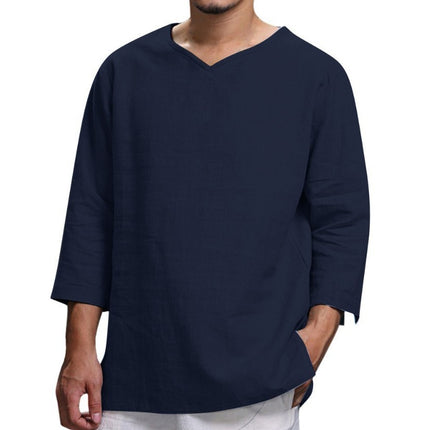 Loose Casual V-neck Top Cotton And Linen Long Sleeve Pullover Shirt Mens Clothing