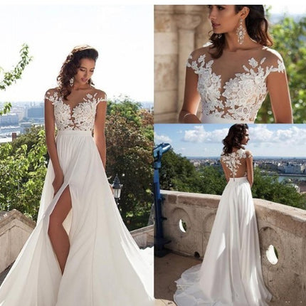 Bohemian wedding dress A word applique floor length chiffon bride dress custom side  elegant wedding dress
