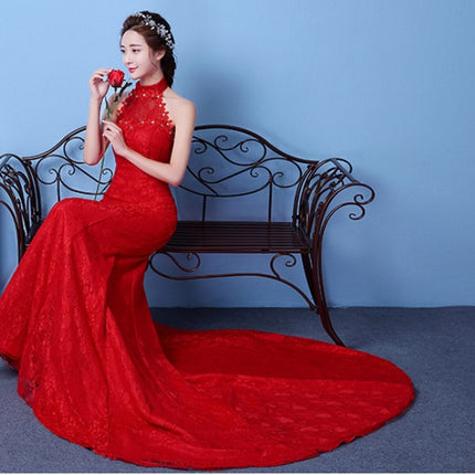 Big red wedding dress bride large size waist fishtail wedding dress palace fishtail tail Korean hanging neck