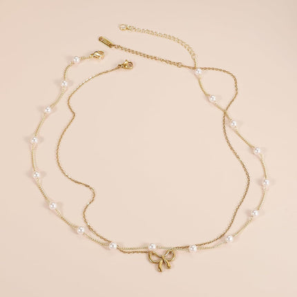 Simple Pearl Double Layer Choker Fashion Gold Color Necklaces Chain Small Bow Pendant Necklace Jewelry Gifts For Women Fashion Jewelry Valentine's Day Gifts