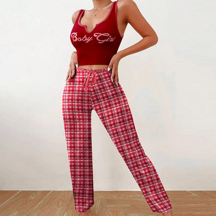 Spring Summer Women's Casual Pajamas Home Wear Vest Color Matching Plaid Trousers Letter Print Top Ladies 2 Pcs Home Clothes Sleepwear