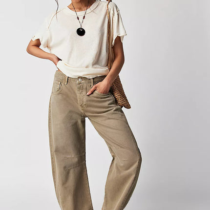 High Stretch Mid-Rise Barrel Jeans Fashion Wide Leg Shape Women Casual Baggy Mid Waist Denim Jeans