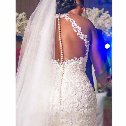 Vintage Lace Beaded Wedding Dresses Sheer Neck Mermaid Bridal Dresses Wedding Gowns