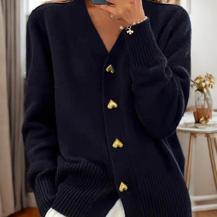 V-neck Knitted Sweater With Love Button Fashion Solid Long-sleeved Cardigan Spring And Autumn Women's Clothing