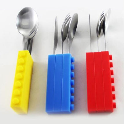 3PCS Creative Bricks Silicone Stainless Steel Portable Travel Kids  Cutlery Fork Picnic Set Gift For CHild Dinnerware