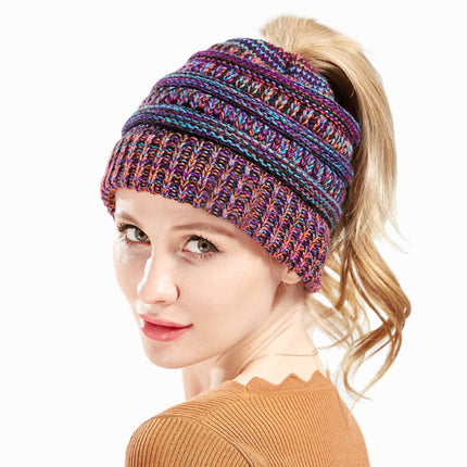Mixed Color Knitted Wool Hat Ladies Non-labeled Ponytail Hat