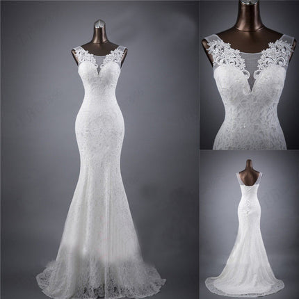 Lace slim and thin double shoulder tail wedding dress