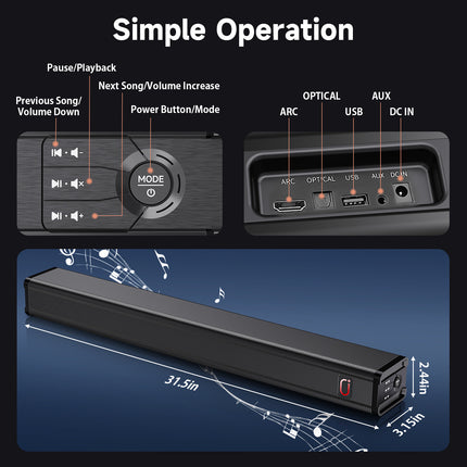 31.5in Soundbar For TV & 3D Surround Sound Bar For TV With Subwoofer & Wall Mountable