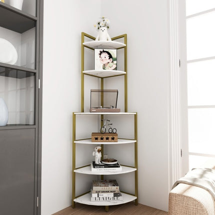 6-Tier Corner Open Shelf Modern Bookcase Wood Rack Freestanding Shelving Unit,Plant Album Trinket Sturdy Stand Small Bookshelf Space-Saving For Living Room Home Office Kitchen Small Space