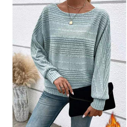 Solid Striped Batwing Sleeves T-shirt Fashion Casual Pullover Round Neck Long Sleeve Top Spring And Autumn Women's Clothing