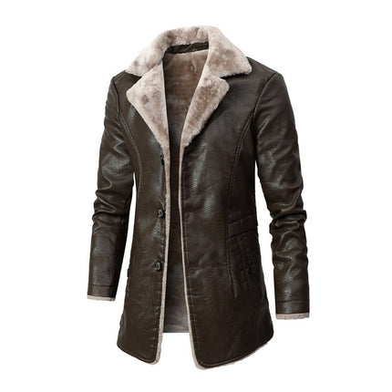 Plush Lapel Leather Jacket Winter Warm Fleece Single-breasted Coat For Men Long Clothing