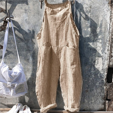 Striped Bib Jumpsuit With Pockets Summer Fashion Loose Wide-leg Pants For Women Clothing