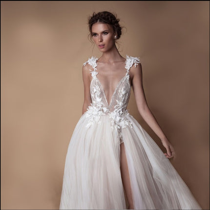 Angel Wedding Dress, Diamond Lace Collar, High Slit Bridal Tail, Open Back Light Wedding Dress