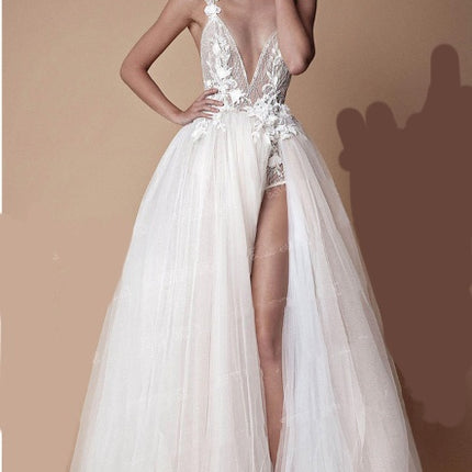 Angel Wedding Dress, Diamond Lace Collar, High Slit Bridal Tail, Open Back Light Wedding Dress