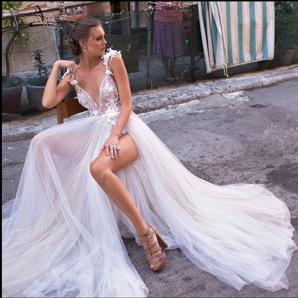 Angel Wedding Dress, Diamond Lace Collar, High Slit Bridal Tail, Open Back Light Wedding Dress