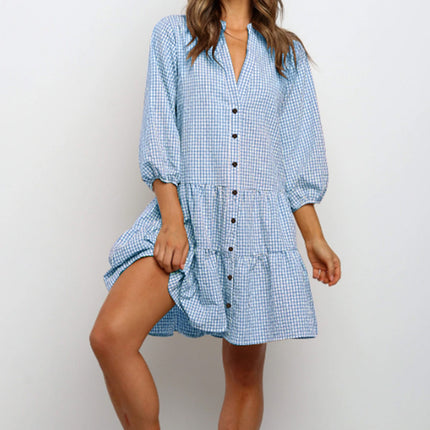 Plaid Printed Ruffle Dress V Neck Button Three-quarter Sleeves Dresses For Women Clothing