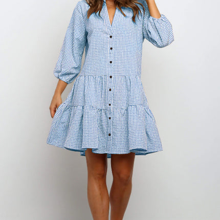 Plaid Printed Ruffle Dress V Neck Button Three-quarter Sleeves Dresses For Women Clothing