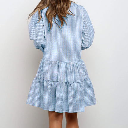 Plaid Printed Ruffle Dress V Neck Button Three-quarter Sleeves Dresses For Women Clothing