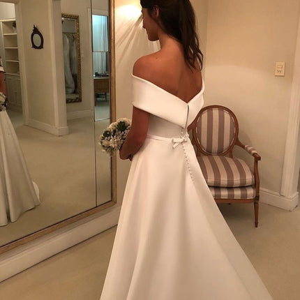 Simple A Line Wedding Dresses Satin Off The Shoulder Wedding Bridal Gowns Sweep Train Casual Dresses Zipper With Buttons Back