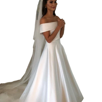 Simple A Line Wedding Dresses Satin Off The Shoulder Wedding Bridal Gowns Sweep Train Casual Dresses Zipper With Buttons Back