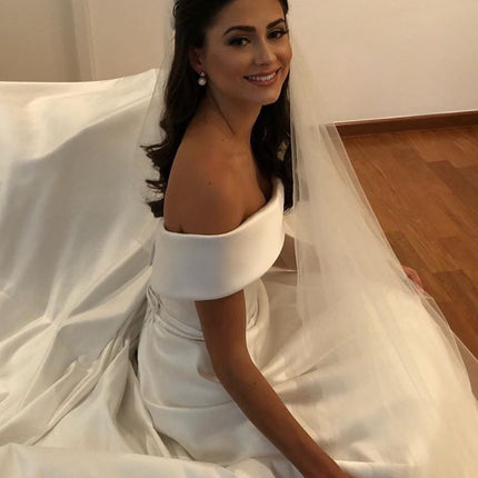 Simple A Line Wedding Dresses Satin Off The Shoulder Wedding Bridal Gowns Sweep Train Casual Dresses Zipper With Buttons Back