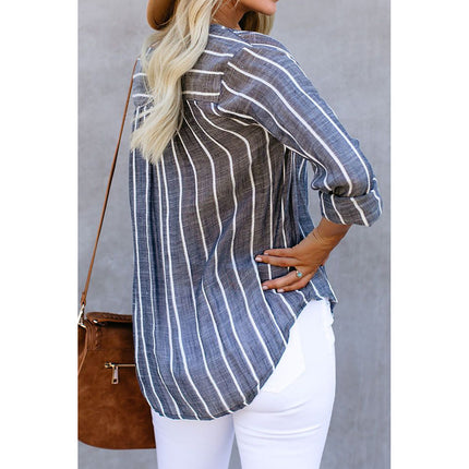 Stripe Printed V-Neck Shirt Fashion Long Sleeve Pocket Button Tops Women Clothing