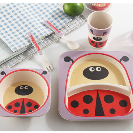 5PCS Children Tableware Set-Five-piece Natural Bamboo Fiber Bowl With Cup Spoon Plate Fork Baby Dishes Plate Gift Tableware