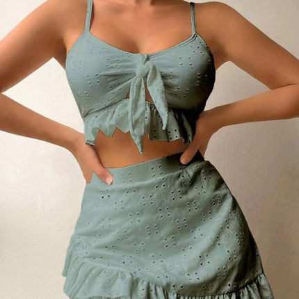 3pcs Beach Bikini With Hip-hugging Skirt Fashion Ruffle Design Swimsuit Set Summer Womens Clothing