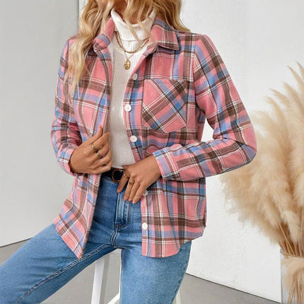 Women's Checkered Fleece Lined Shacket, Plaid Button Down Shirt Jacket With Chest Pockets, Fall Winter Outerwear Coat