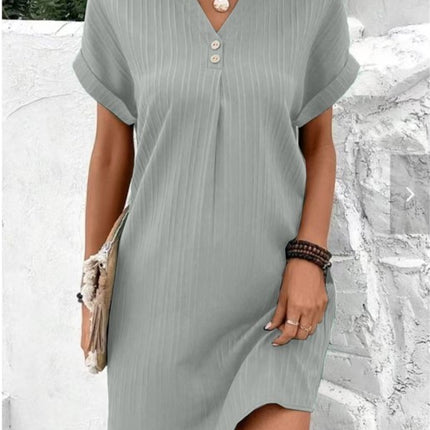 Fashion V-neck Short-sleeved Dress Casual Solid Strip Button Dresses Womens Clothing