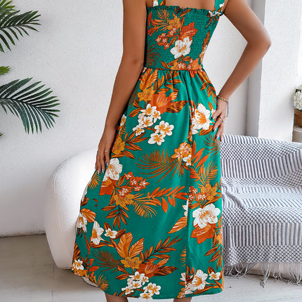 Flowers Print Suspender Corset Dress Ins Fashion Holiday Beach Long Dresses Summer Clothing For Women