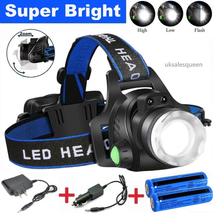 990000LM Rechargeable LED Headlamp Zoomable Torch Tactical Headlight Flashlight