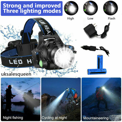 990000LM Rechargeable LED Headlamp Zoomable Torch Tactical Headlight Flashlight